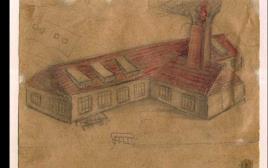 יהודה בקון, קרמטוריום מס' II (אושוויץ-בירקנאו), 1945, עיפרון ועיפרון צבעוני על נייר, 10x13 סמ' (צילום: אוסף המוזיאון לאמנות יד ושם)
