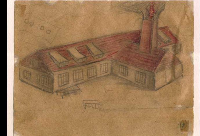 יהודה בקון, קרמטוריום מס' II (אושוויץ-בירקנאו), 1945, עיפרון ועיפרון צבעוני על נייר, 10x13 סמ' (צילום:  אוסף המוזיאון לאמנות יד ושם)