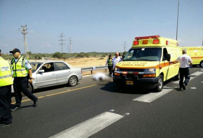 זירת התאונה בכביש 4 (צילום:  דוברות מד"א)