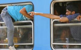 גם דרך החלון. מהגרים עולים לרכבת בקרואטיה (צילום: רויטרס)