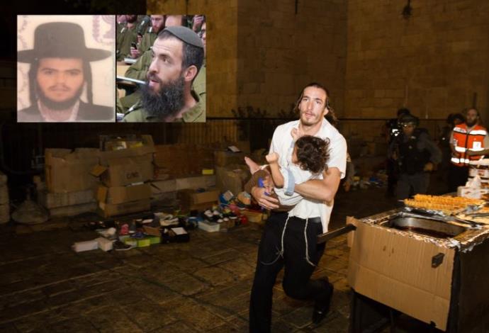 ההרוגים מפיגוע הירי בשער האריות בירושלים, על רקע אדם המציל תינוקת בזירה (צילום:  יונתן זינדל, פלאש 90)