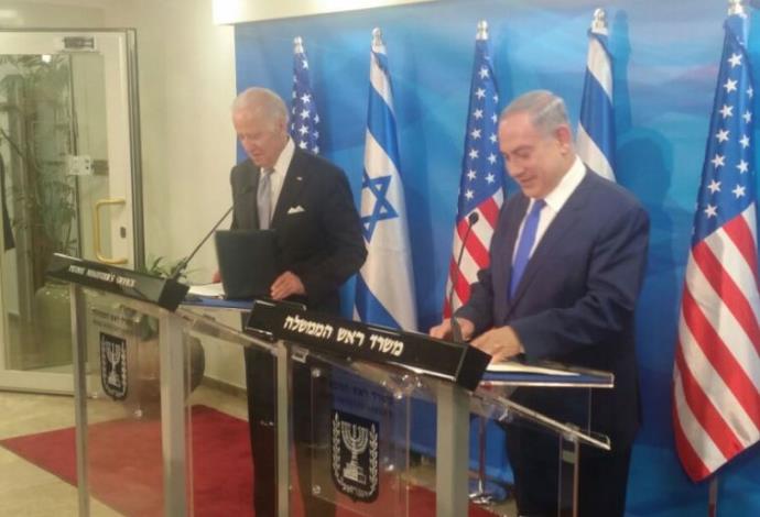 רה"מ נתניהו עם סגן נשיא ארה"ב ג'ו ביידן המבקר בישראל (צילום:  תא הכתבים המדיניים)