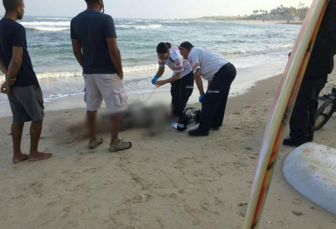 גופת גבר בן 70 שנפלטה בחוף העלייה בתל אביב (צילום:  מד"א)