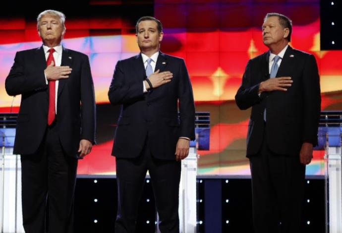 מימין: ג'ון קייסיק, טד קרוז ודונלד טראמפ באחד העימותים ביניהם (צילום:  רויטרס)