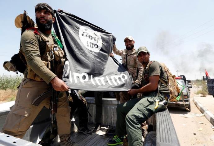 לוחמים שיעים מציגים דגל דאעש שנתפס בלחימה בפלוג'ה (צילום:  רויטרס)